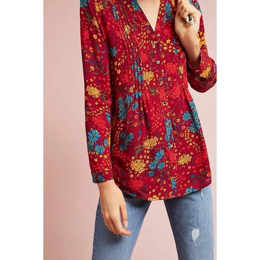 Maeve‎ Anthropologie Blouse Womens M Pink Floral Boho Viscose Button Peasant Top